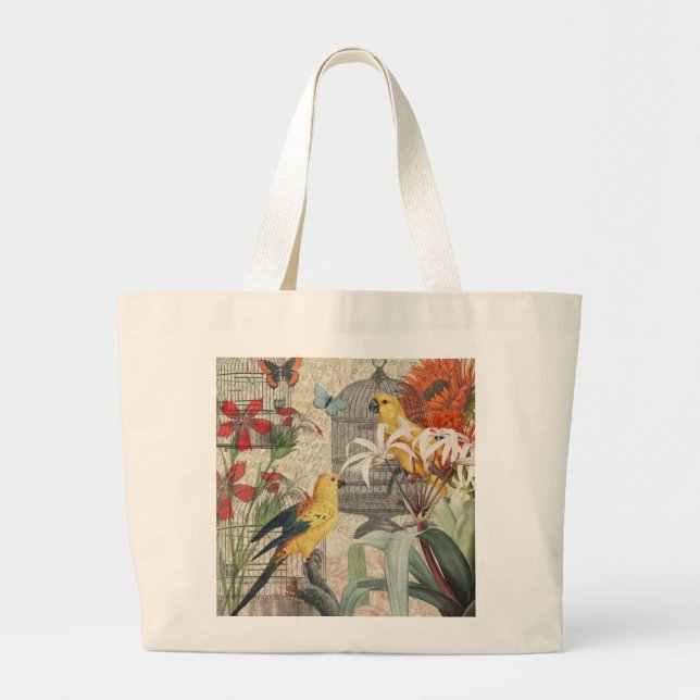 Grand Tote Bag Parrot Jaune Tropical Antique Fleur (Devant)