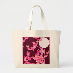 Grand Tote Bag Paysage lunaire aux papillons - rose, bordeaux