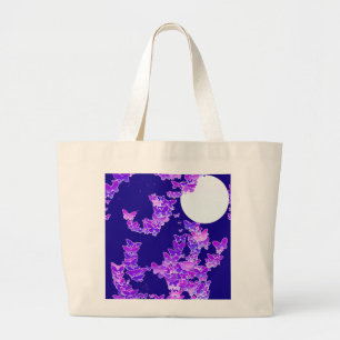 Grand Tote Bag Paysage lunaire avec papillons - lilas, bleu foncé