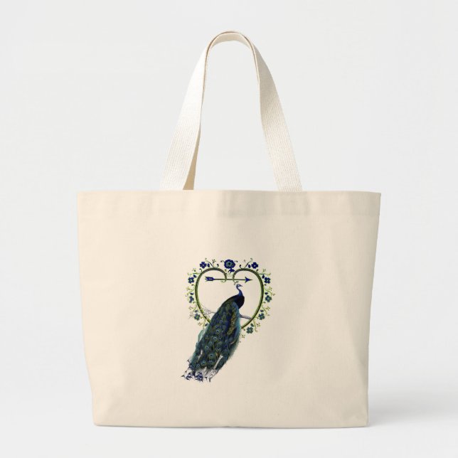Grand Tote Bag Peacock étonnant et cadre de fleur de coeur orné (Devant)