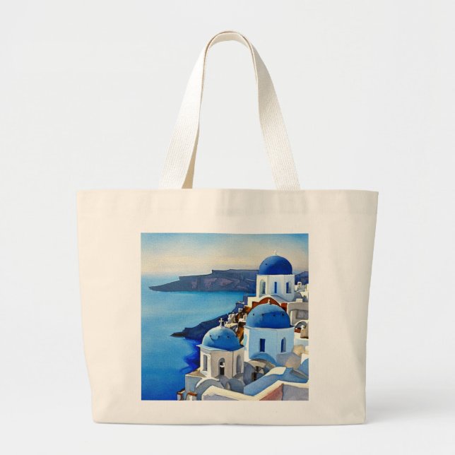 Grand Tote Bag Peinture aquarelle de Santorin Grèce (Devant)