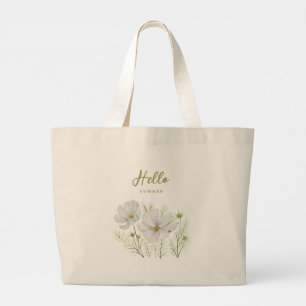 Grand Tote Bag Peinture botanique de fleurs de cosmos blanches à 