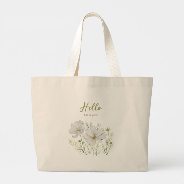 Grand Tote Bag Peinture botanique de fleurs de cosmos blanches à  (Dos)
