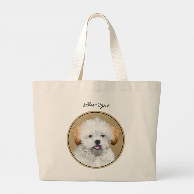 Grand Tote Bag Peinture de chiot Lhasa Apso Mignon Art original d (Dos)