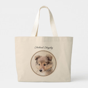 Grand Tote Bag Peinture de chiot Shetland Sheepdog Art de chien S