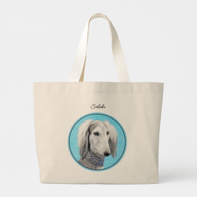 Grand Tote Bag Peinture de Saluki Argent Plumes art chien origina (Dos)