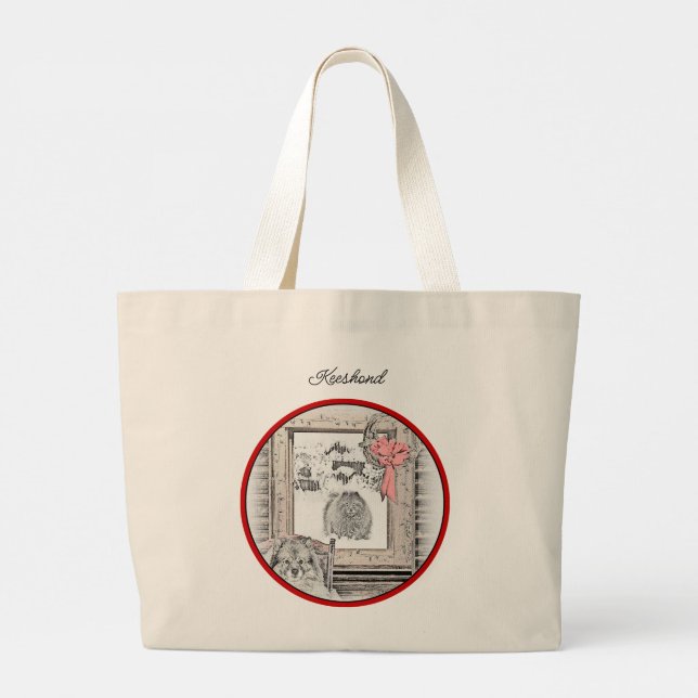 Grand Tote Bag Peinture Keeshond Noël Fenêtre d'hiver Chien Art (Dos)