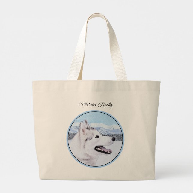 Grand Tote Bag Peinture sibérienne Husky Argent et Chien blanc Ar (Dos)