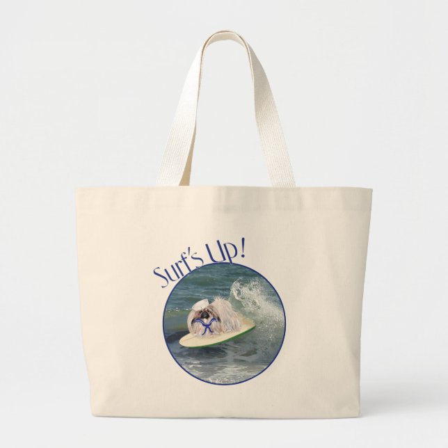 Grand Tote Bag Pékinois en train de surfer (Devant)