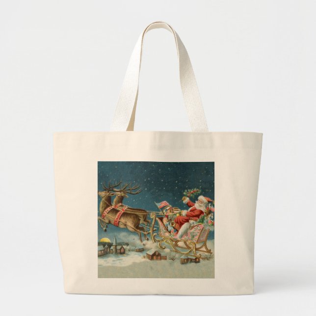 Grand Tote Bag Père Noël Antique Sleigh Reindeer (Devant)