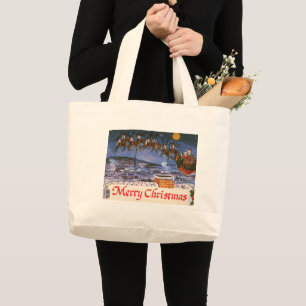 Grand Tote Bag Père Noël de Noël vintage pilotant son traîneau