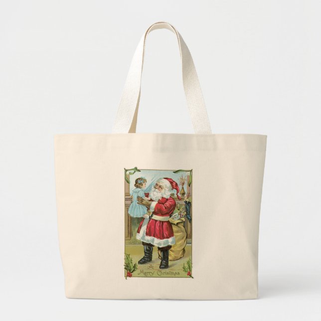 Grand Tote Bag Père Noël vintage avec enfant (Devant)