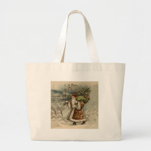 Grand Tote Bag Père Noël vintage et sapin de Noël