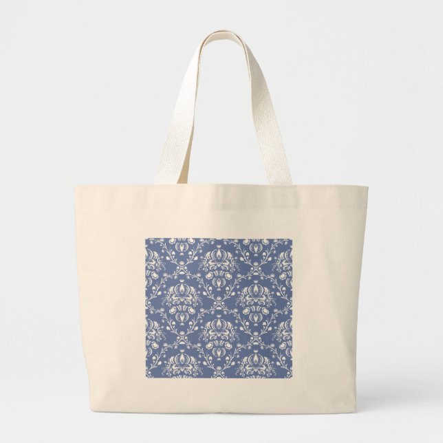 Grand Tote Bag Périwinkle bleu et blanc Damas (Devant)