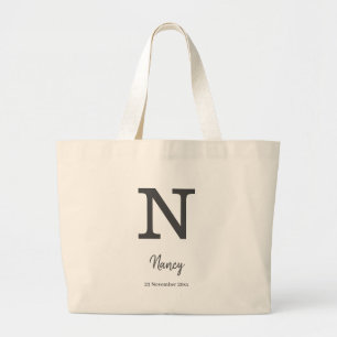 Grand Tote Bag Personalized name and date monogram letter “N"