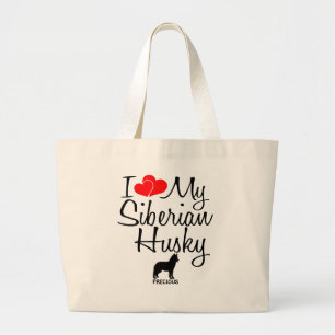 Grand Tote Bag Personnalisé J'Aime Mon Husky Sibérien