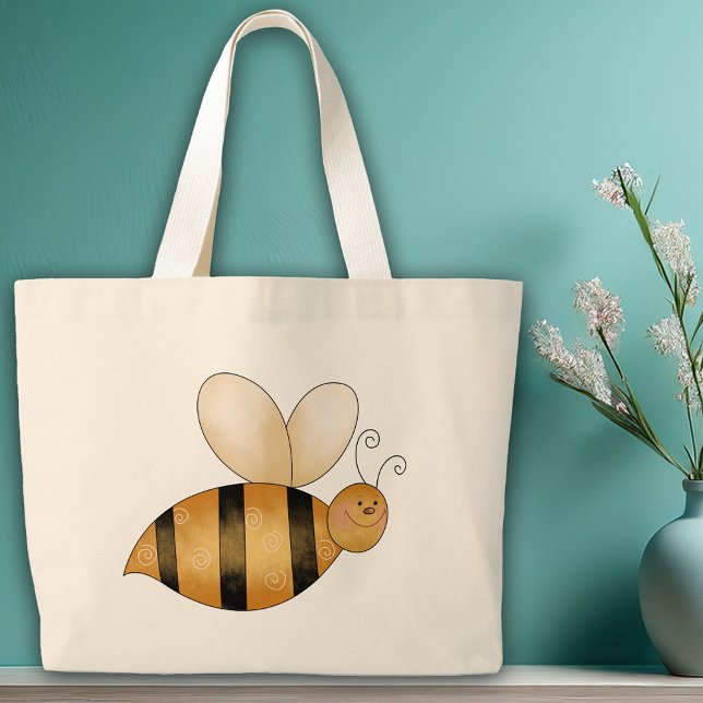 Grand Tote Bag Petit Bumble Bee mignon dessin Whimsical (Little Bumble Bee Cute Whimsical Cartoon Large Tote Bag)