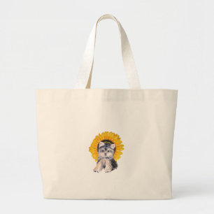 Grand Tote Bag Petit chiot du Yorkshire mignon chien & tournesol 