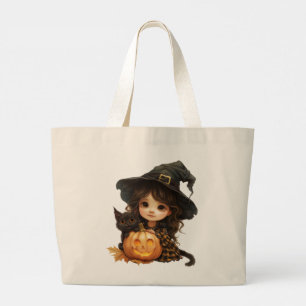 Grand Tote Bag Petite Sorcière et Chat Mignons