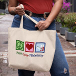 Grand Tote Bag Phlebotomiste Peace Love Bureau de la phlébotomie<br><div class="desc">Un cadeau de Noël phlébotomiste cool pour un expert en tirs sanguins et aiguilles. Un signe de paix,  un coeur et des flacons de sang. Peace Love Phlebotomy.</div>