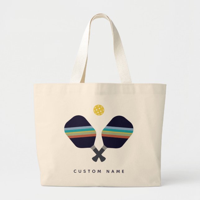 Grand Tote Bag Pickleball Nom personnalisé Pagaies rayées Bleu (Devant)