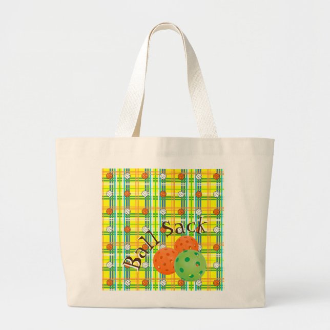 Grand Tote Bag Pickleball Sack - Jaune, Orange, Plaid Vert (Devant)