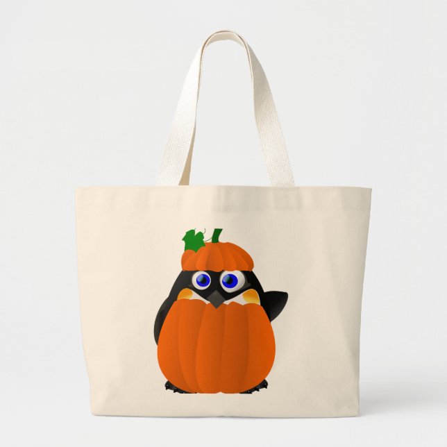 Grand Tote Bag Pingouin de Halloween de costume de citrouille (Devant)