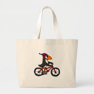 Grand Tote Bag Pingouin drôle montant la bicyclette rouge