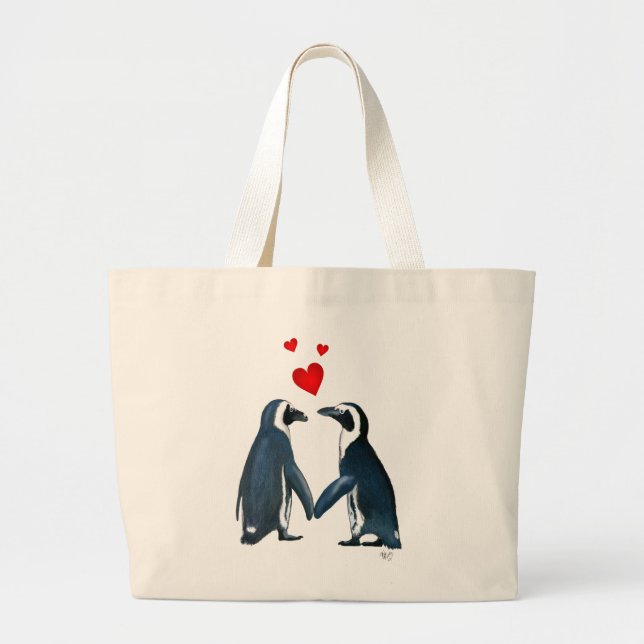 Grand Tote Bag Pingouins Avec Coeurs D'Amour (Devant)