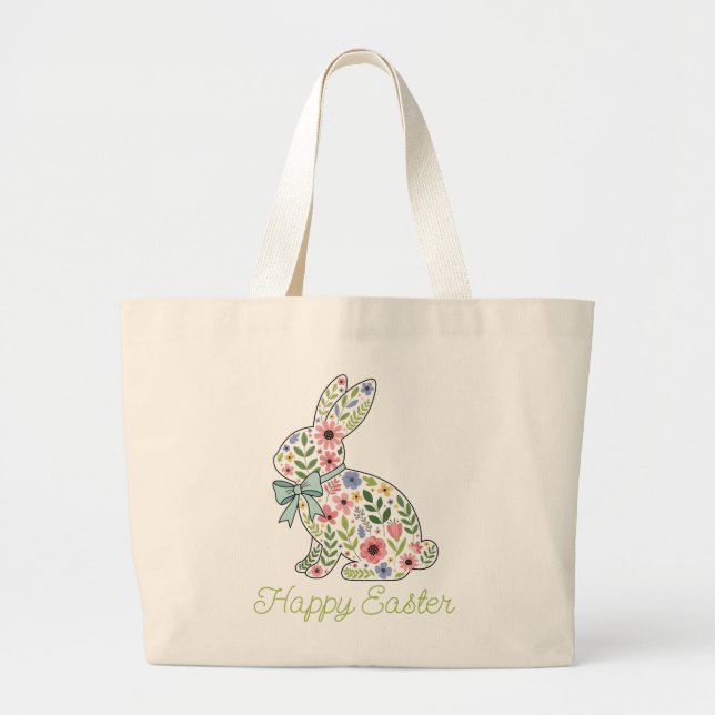 Grand Tote Bag Pink and Blue Wildflower Easter Rabbit (Devant)