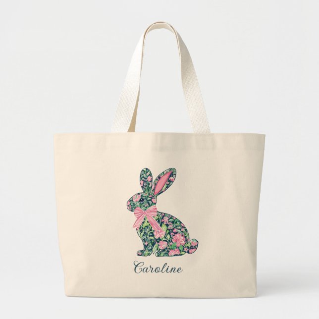 Grand Tote Bag Pink and Green Chinoiserie Bunny With Bow (Devant)