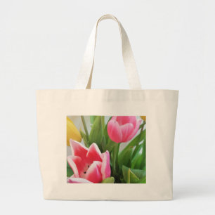 Grand Tote Bag Pink Tulips, Floral Spring Bouquet, Flowers