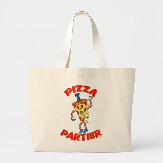 Grand Tote Bag Pizza Partier Drôle Carton Slice Logo Amusement (Devant)