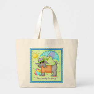Grand Tote Bag Plage Chien Whimsy Art Vert bleu