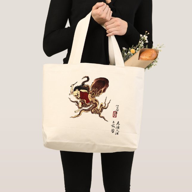 Grand Tote Bag Plongeur d'abulone japonais et combat d'octopus (Devant (produit))