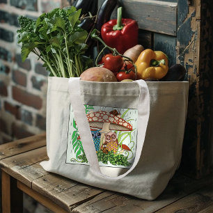 Grand Tote Bag Pluie de champignons de la famille de la chouette