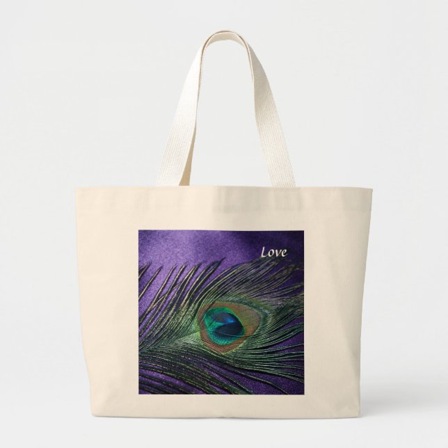 Grand Tote Bag Plumes de paon violet soyeux (Devant)