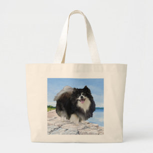 Grand Tote Bag Pomeranian noir au bord de la mer