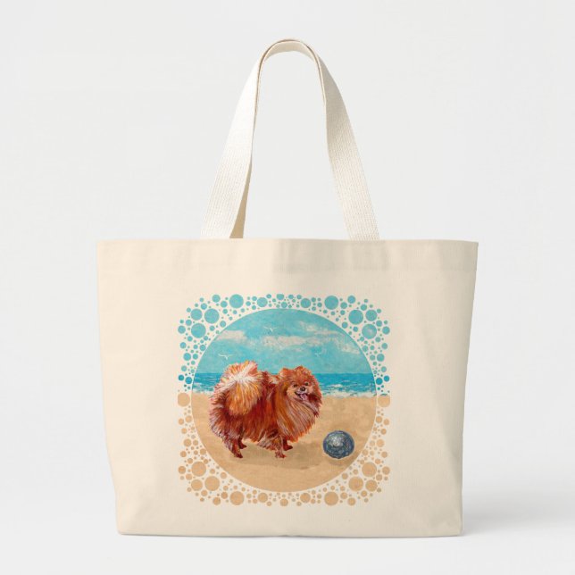 Grand Tote Bag Poméranien au bord de mer (Devant)