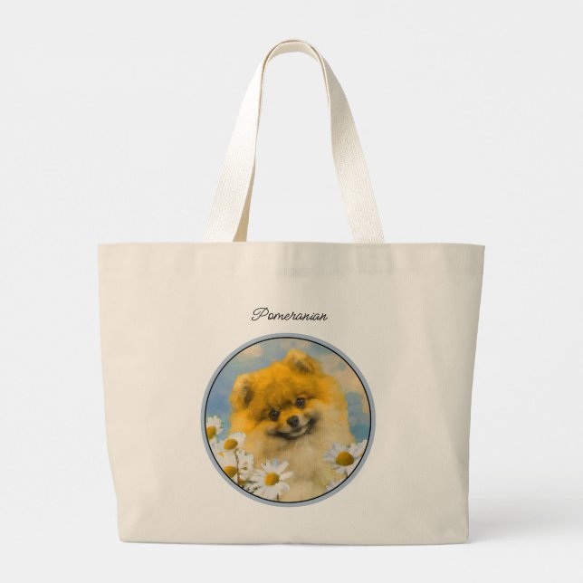 Grand Tote Bag Poméranien dans les marguerites peindre l'art orig (Dos)