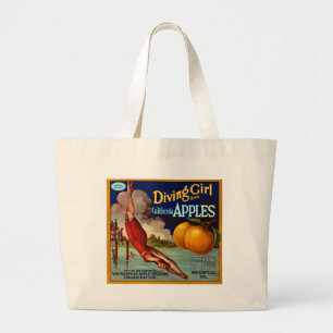 Grand Tote Bag Pommes de fille de plongée - étiquette vintage d