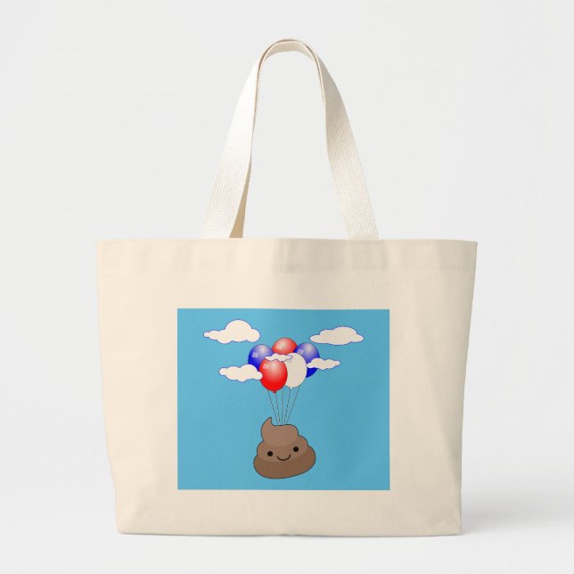 Grand Tote Bag Poo Emoji Voler Avec Des Ballons Dans Le Ciel Bleu (Devant)