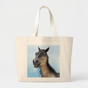 Grand Tote Bag Portrait d'art humoristique de cheval souriant