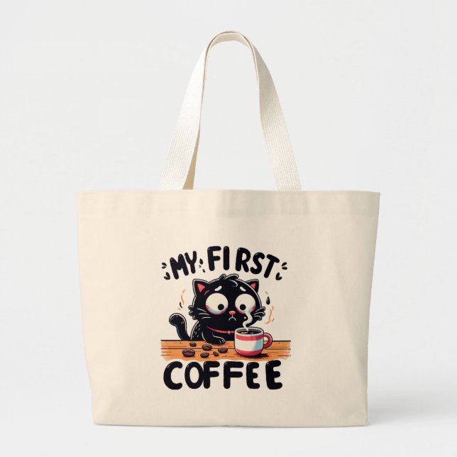 Grand Tote Bag Première aventure de café noir (Devant)
