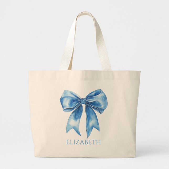 Grand Tote Bag Preppy Blue and White Bow Personalized (Devant)