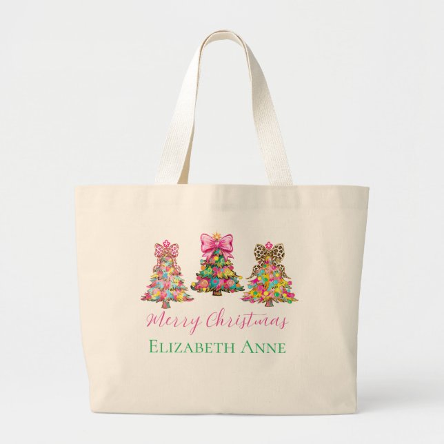 Grand Tote Bag Preppy Pink and Green Christmas Trees (Devant)