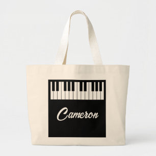 Grand Tote Bag Professeur de Musique Clavier de Piano Noir Nom Mo