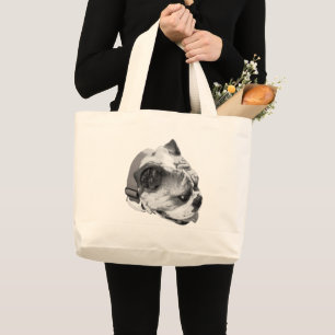 Grand Tote Bag Profil de bouledogue audacieux en noir et blanc