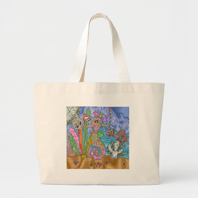 Grand Tote Bag Psychedelic Seahorse Sea Turtle Art (Devant)