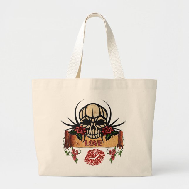 Grand Tote Bag RAB Rockabilly Crâne Roses Love Lipstick (Devant)